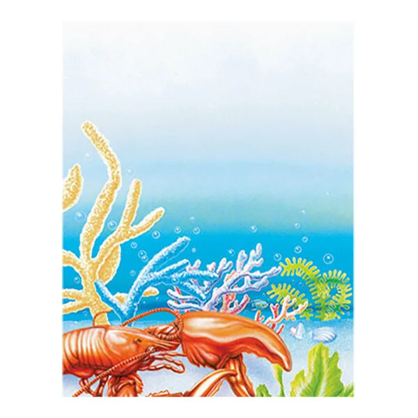 A sheet of menu paper featuring a seafood-themed ocean design with illustrated coral, seaweed, and a lobster.