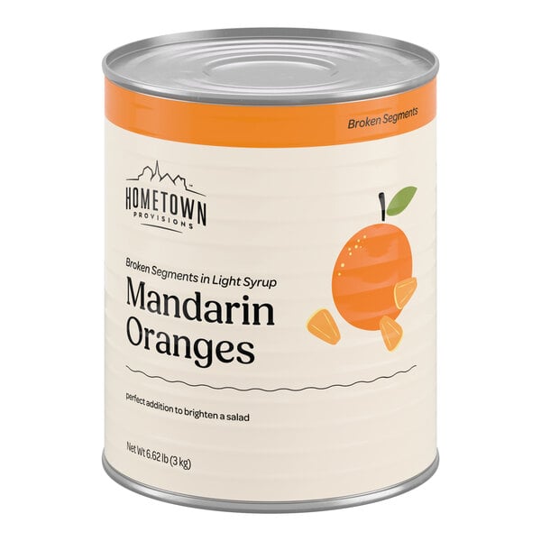 A large can of Hometown Provisions broken mandarin orange segments in light syrup.