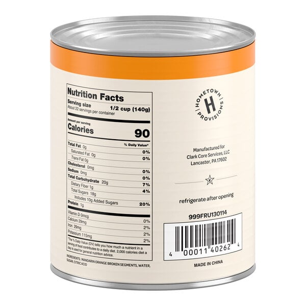 A large can with an orange stripe at the top, displaying nutrition facts, a barcode, and product information on the label.