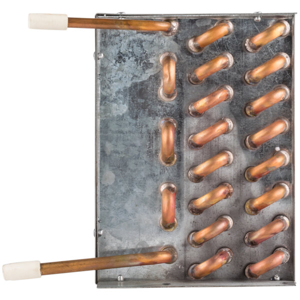 An Avantco condenser coil with copper pipes and metal rods.