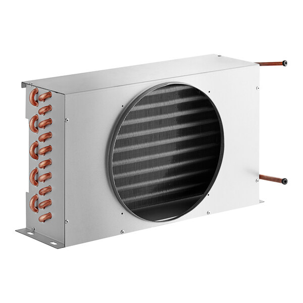 An Avantco condenser coil with copper tubing and copper pipes.