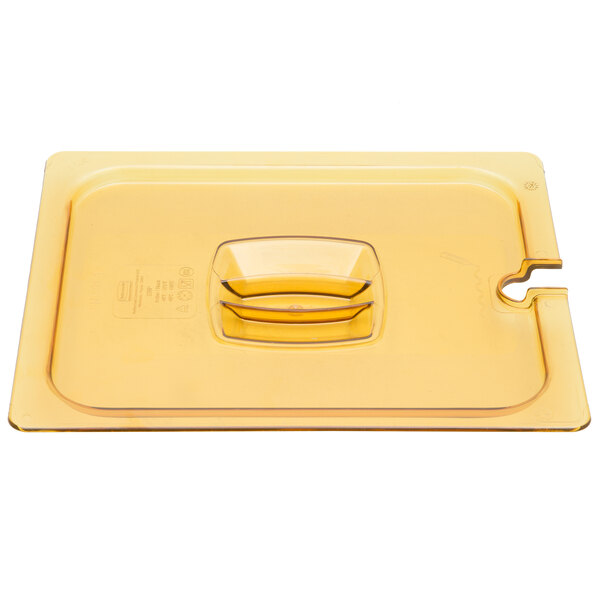 A yellow plastic Rubbermaid lid with a handle for a food pan.