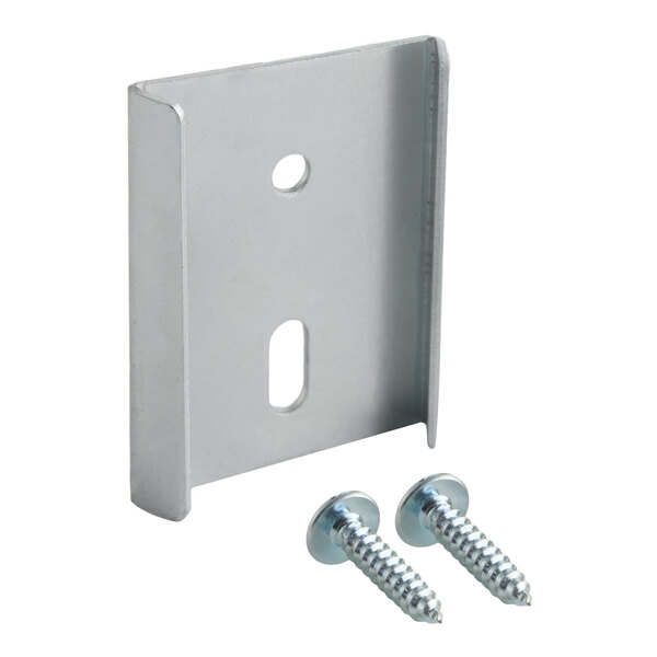 A metal female dispenser bracket with two mounting screws for cup dispensers.