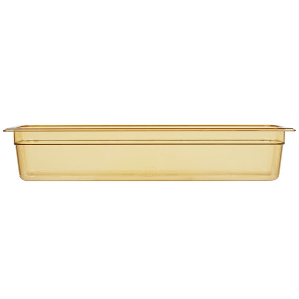 A Rubbermaid amber plastic food pan with a lid.