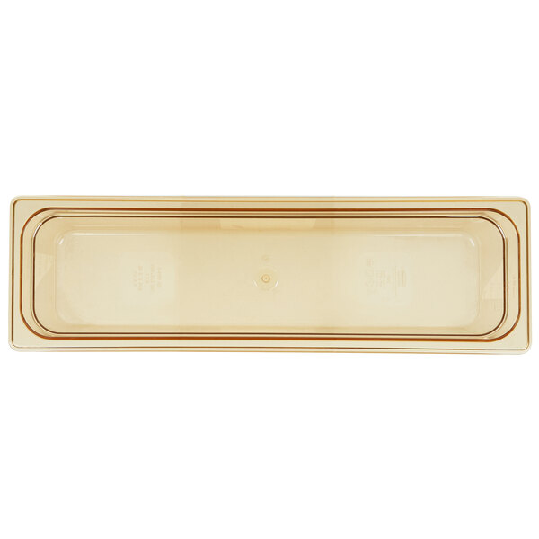 A rectangular amber Rubbermaid plastic food pan.
