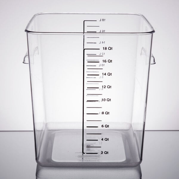 A Rubbermaid clear plastic food storage container with a measuring scale.