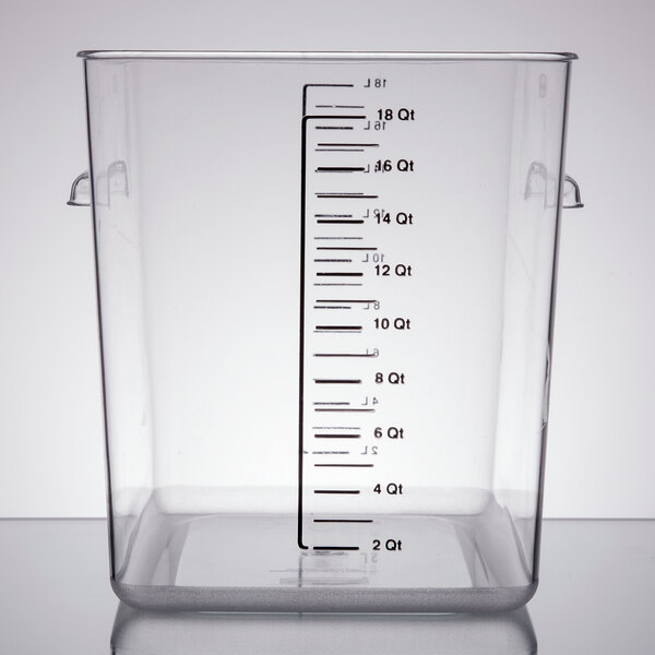 A Rubbermaid clear plastic food storage container with a measuring scale.