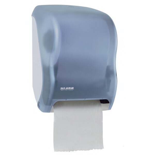 A blue and white San Jamar Tear-N-Dry paper towel dispenser.