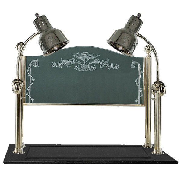 A Hanson Heat Lamps chrome carving station with two lamps over a granite base.