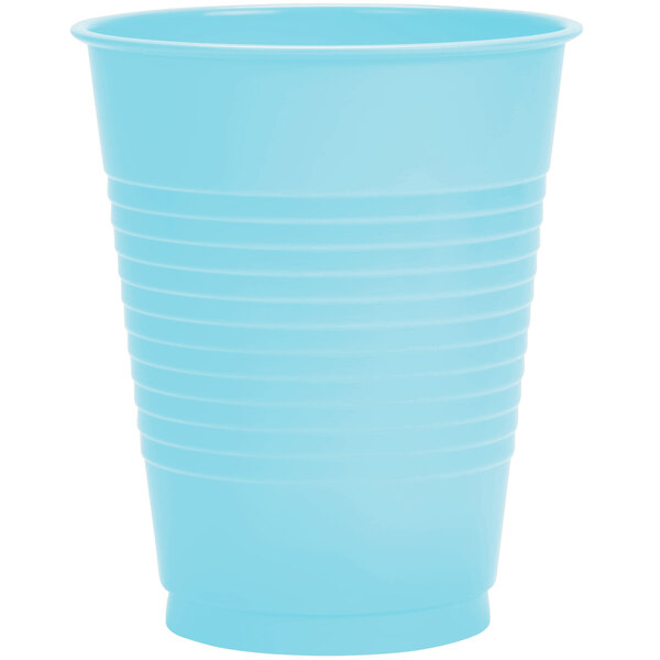 A close up of a Creative Converting pastel blue plastic cup.