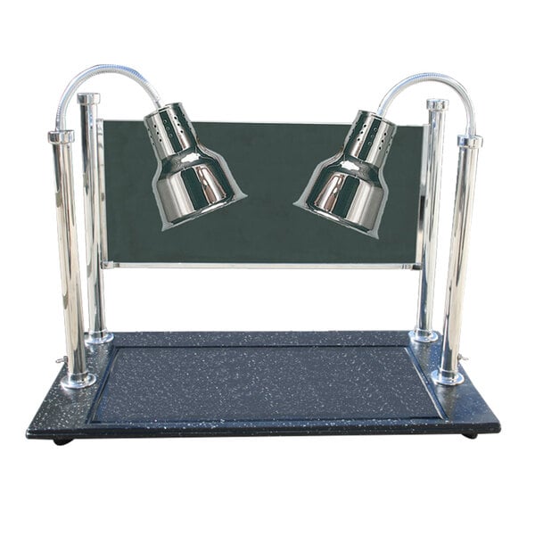 A Hanson Heat Lamps stainless steel carving display with two silver lamps over a black surface.