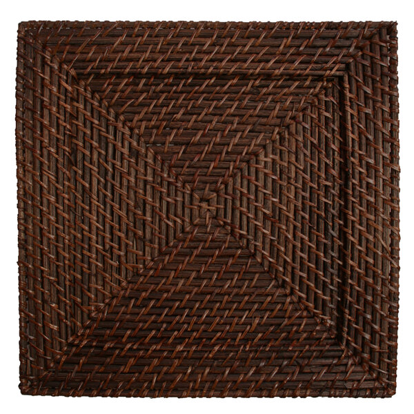 A square brown rattan charger plate with a woven design.