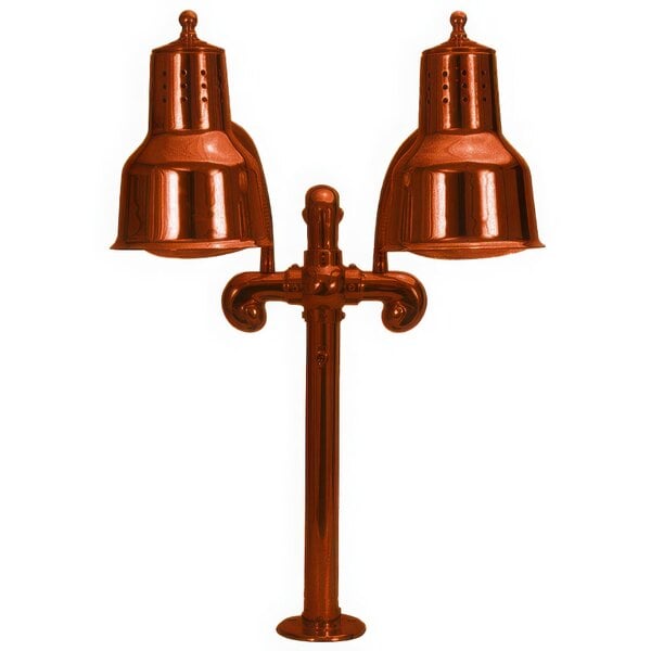 A close-up of a Hanson Heat Lamps copper lamp post with two lights.