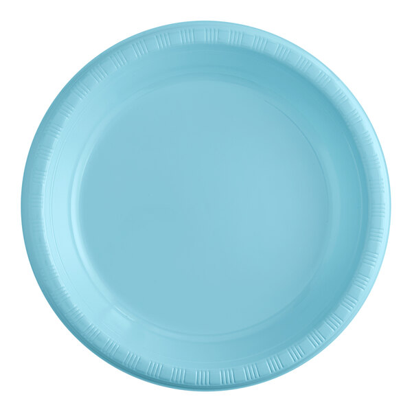 A close-up of a pastel blue plastic plate.