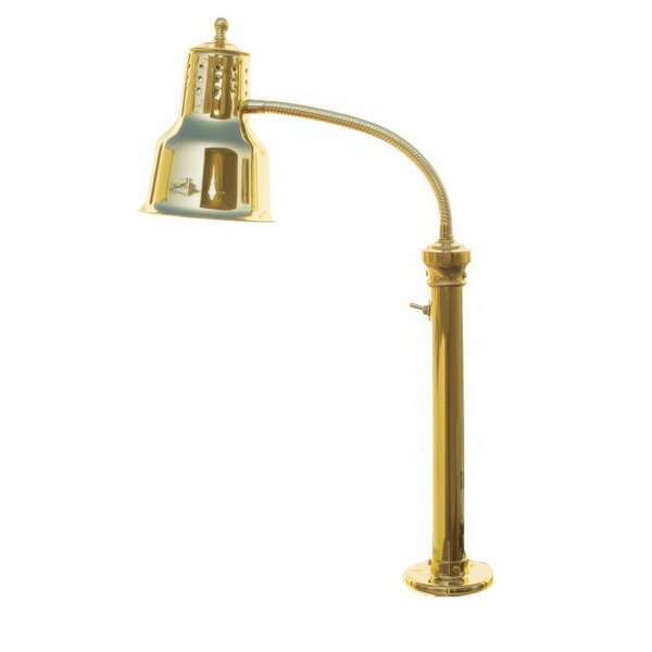 A Hanson Heat Lamps brass flexible heat lamp with a curved neck.