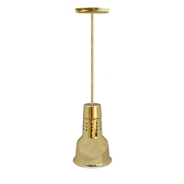 A Hanson Heat Lamps ceiling mount heat lamp with brass finish above a table in a cocktail bar.