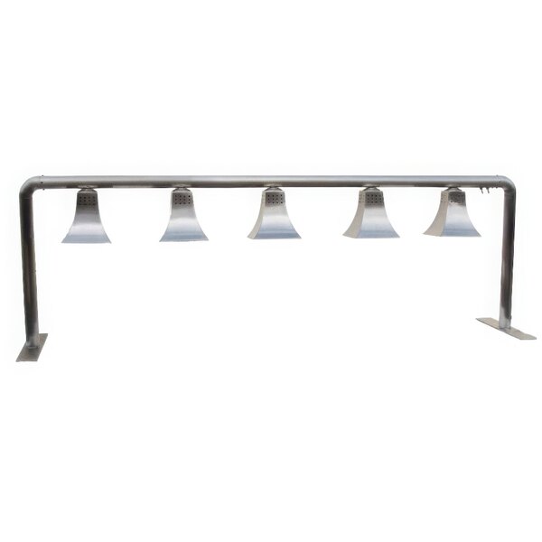 A metal bar with five silver heat lamps on it.