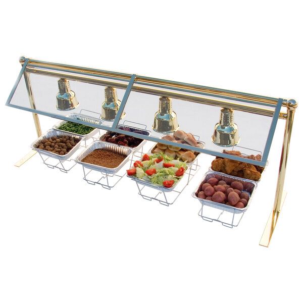 A Hanson Heat Lamps single-sided sneeze guard with a single heat bar over a food buffet with a row of containers.
