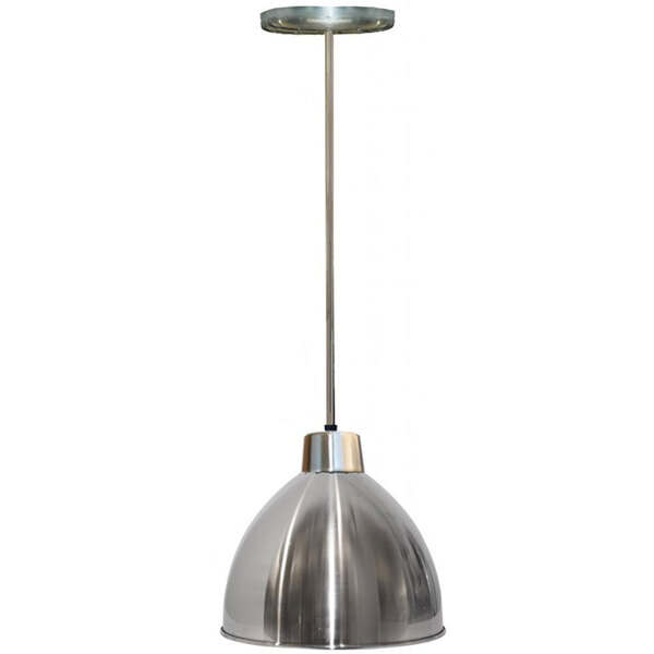 A Hanson Heat Lamp with a stainless steel finish hanging from a pole.