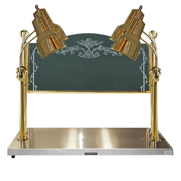 A Hanson Heat Lamps brass carving station with two heated lamps.