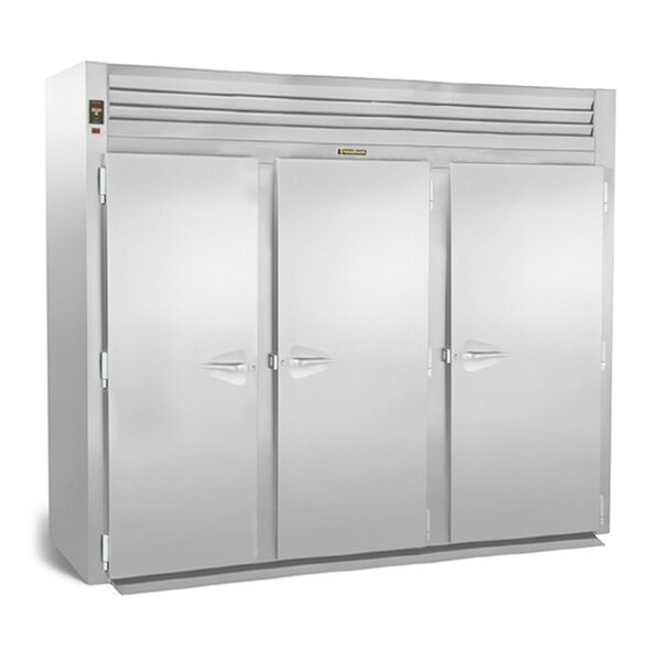 A large white Traulsen heated holding cabinet with three doors.