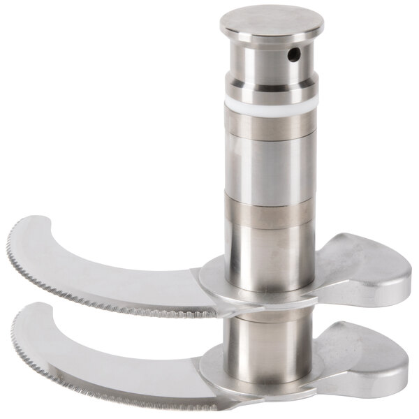 A Robot Coupe fine serrated 3 blade assembly with two blades on a metal pipe.