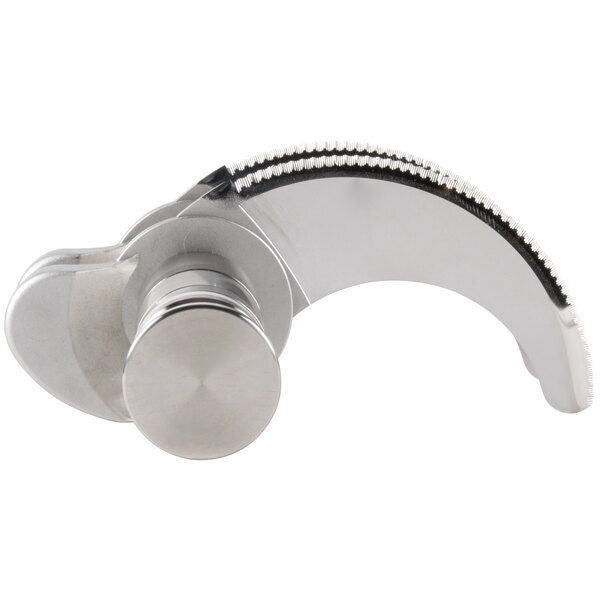 A Robot Coupe fine serrated metal blade assembly with round metal parts.