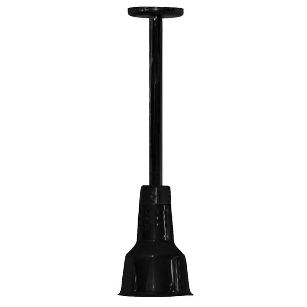 A black Hanson Heat Lamps ceiling mount heat lamp with a long pole.