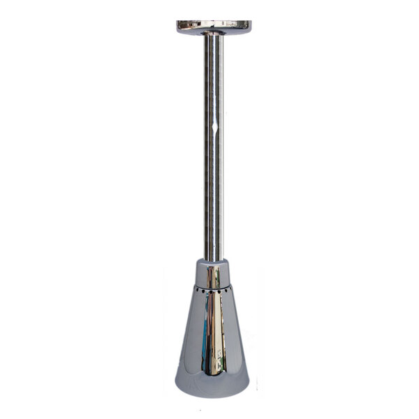 A close-up of a silver pole with a metal base.