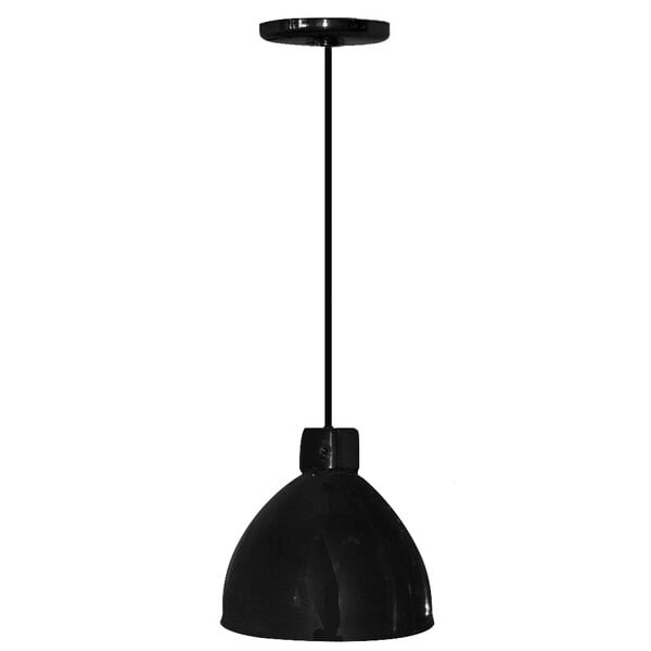 A Hanson Heat Lamps black ceiling mount heat lamp hanging from a restaurant ceiling.