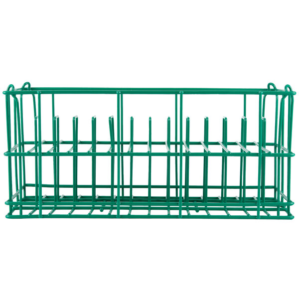 A green metal Microwire catering plate rack with 12 compartments.