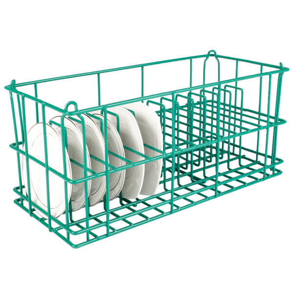 A green Microwire dish rack holding plates.
