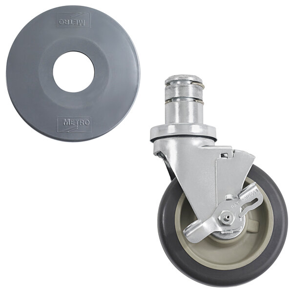 A grey Metro polyurethane swivel caster wheel with a metal stem and brake.