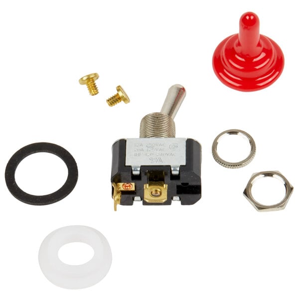 A red and black toggle switch with a red knob on a Bar Maid SWA-250 switch assembly.