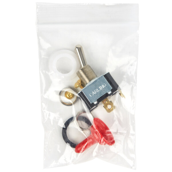 A small plastic bag with a Bar Maid switch assembly and a red and black switch.