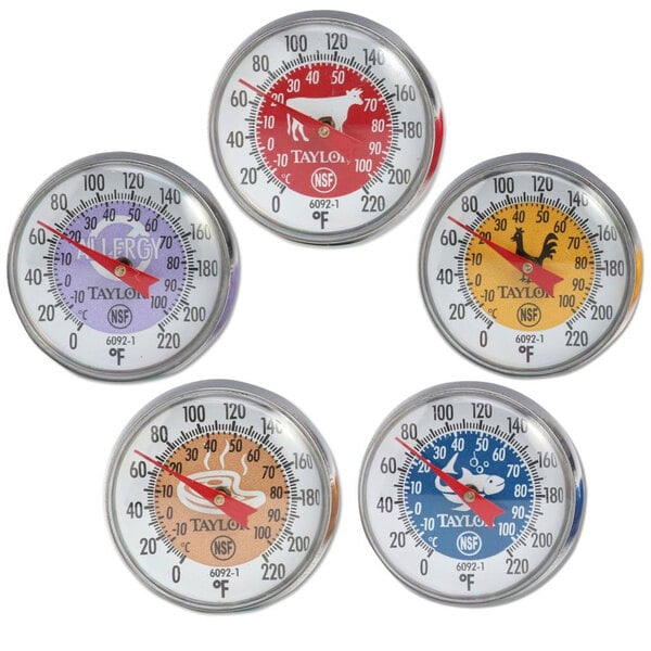Four Taylor pocket probe thermometers with colored faces.