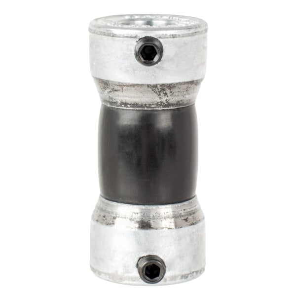 A black and silver metal Bar Maid motor shaft coupler with two holes.