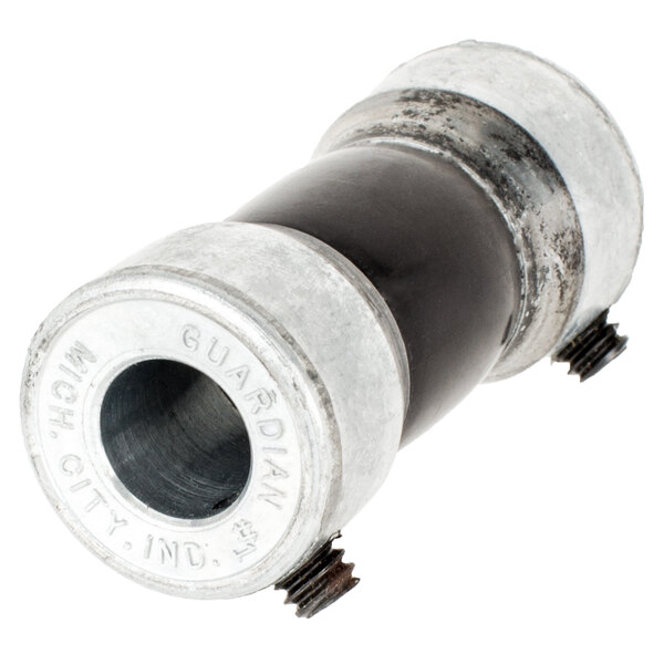 A close-up of a black and white metal Bar Maid motor shaft coupler.