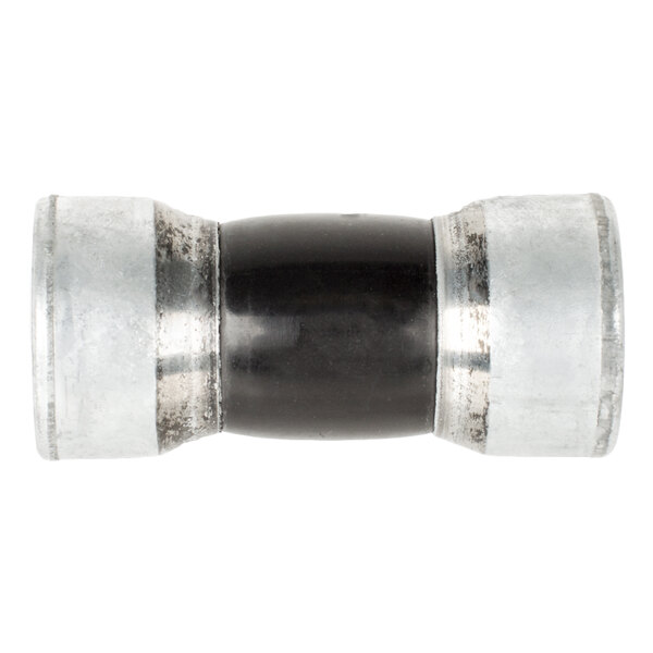 A close-up of a black and silver tube with a metal object inside.