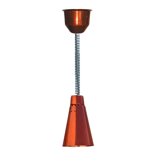 A Hanson Heat Lamps copper cone ceiling mount heat lamp with a spiral spring.