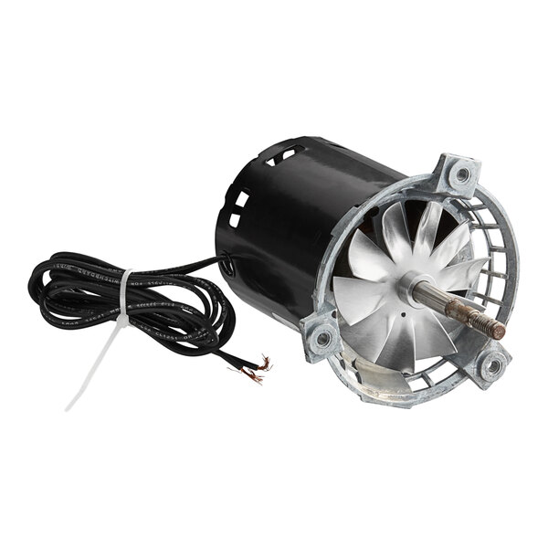 A black Cleveland left side rotisserie fan motor with wires and a metal fan.