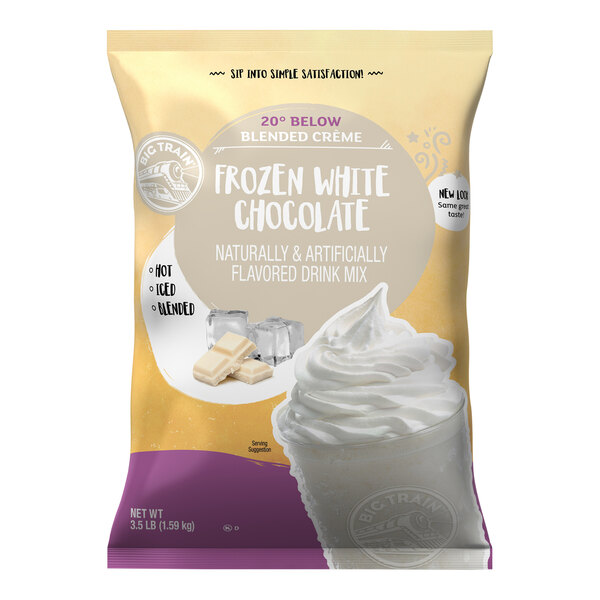 A bag of Big Train frozen white hot chocolate mix.