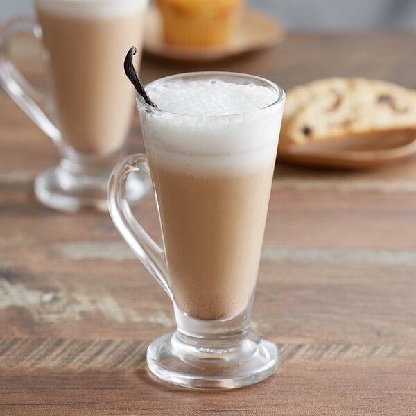 A glass mug of Big Train Vanilla Chai Tea Latte