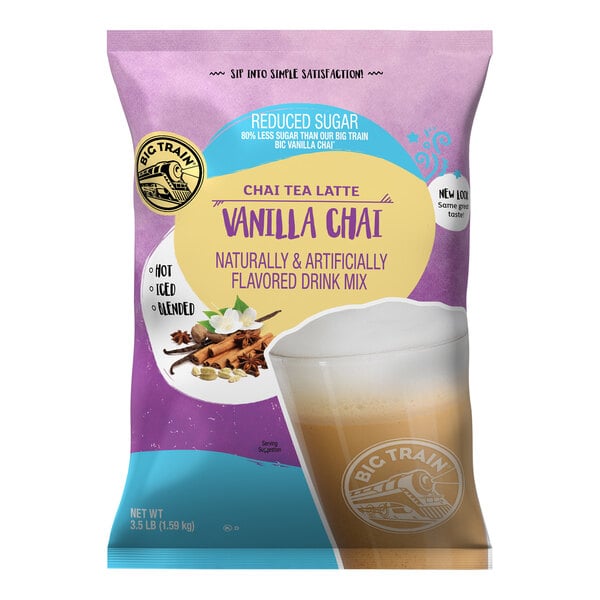 A bag of Big Train Reduced Sugar Vanilla Chai Tea Latte Mix.
