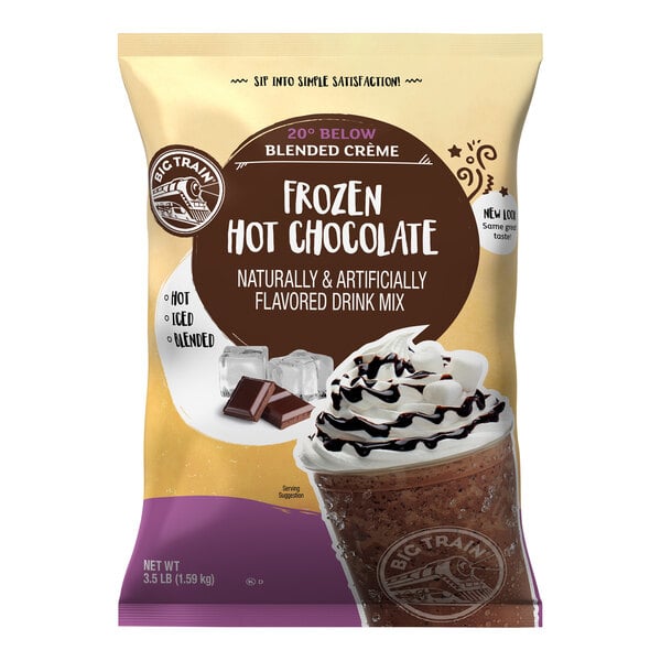 A white bag of Big Train 20 Below Frozen Hot Chocolate Mix.
