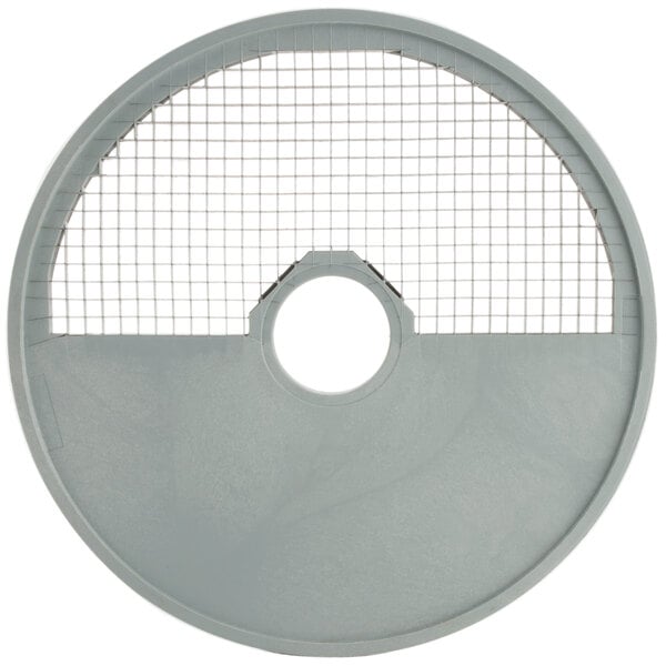 A grey circular object with wire mesh.