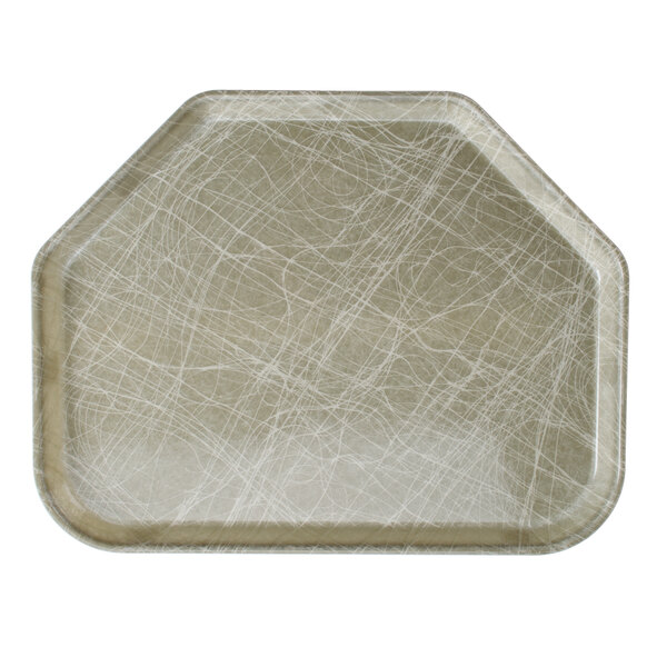 A gray Cambro cafeteria tray with a trapezoid design.