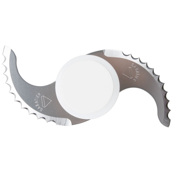 A Robot Coupe coarse serrated "S" blade with a white circle on the handle and a silver blade.