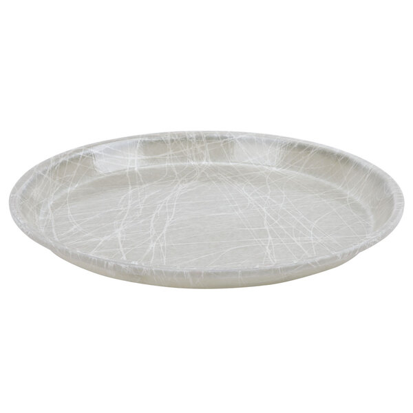 A gray Cambro 14" round tray with abstract lines in it.
