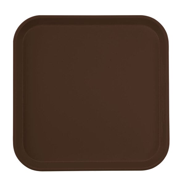 A brown square Cambro tray on a table.